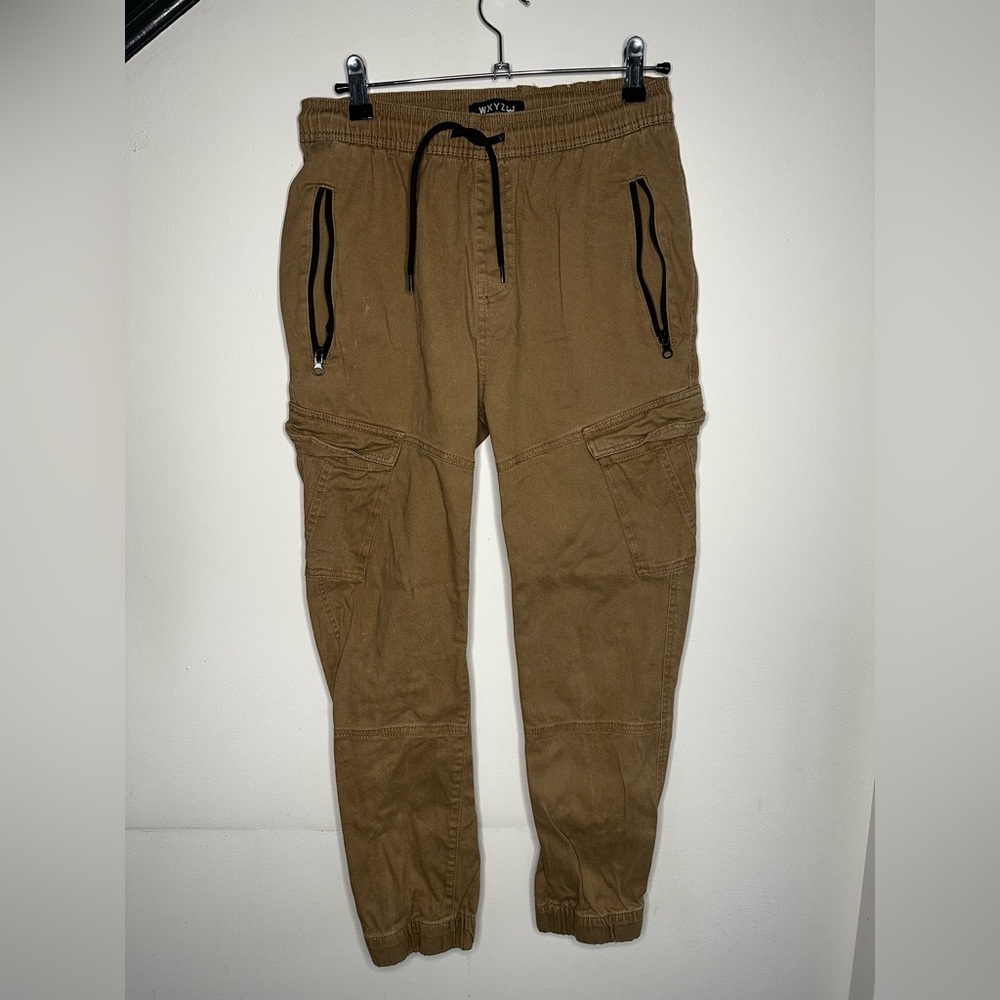Men’s Boys WXYZ Tan Tapered Joggers With Pockets Zippers Streetwear Casual Small